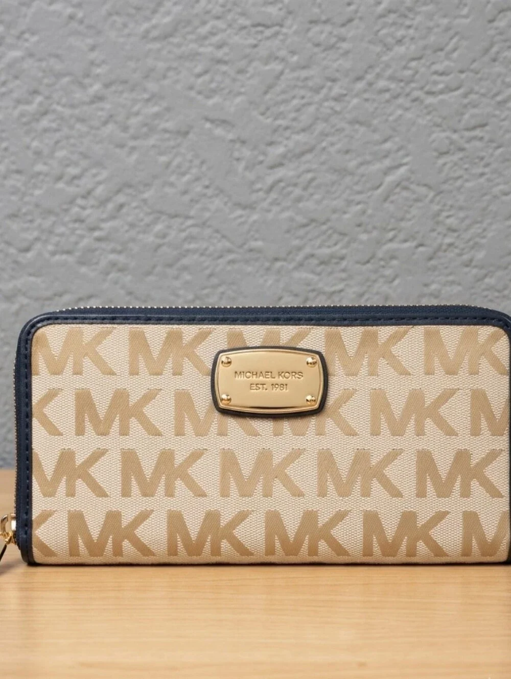 Michael Kors Beige MK Logo Zip Wallet with Navy Trim